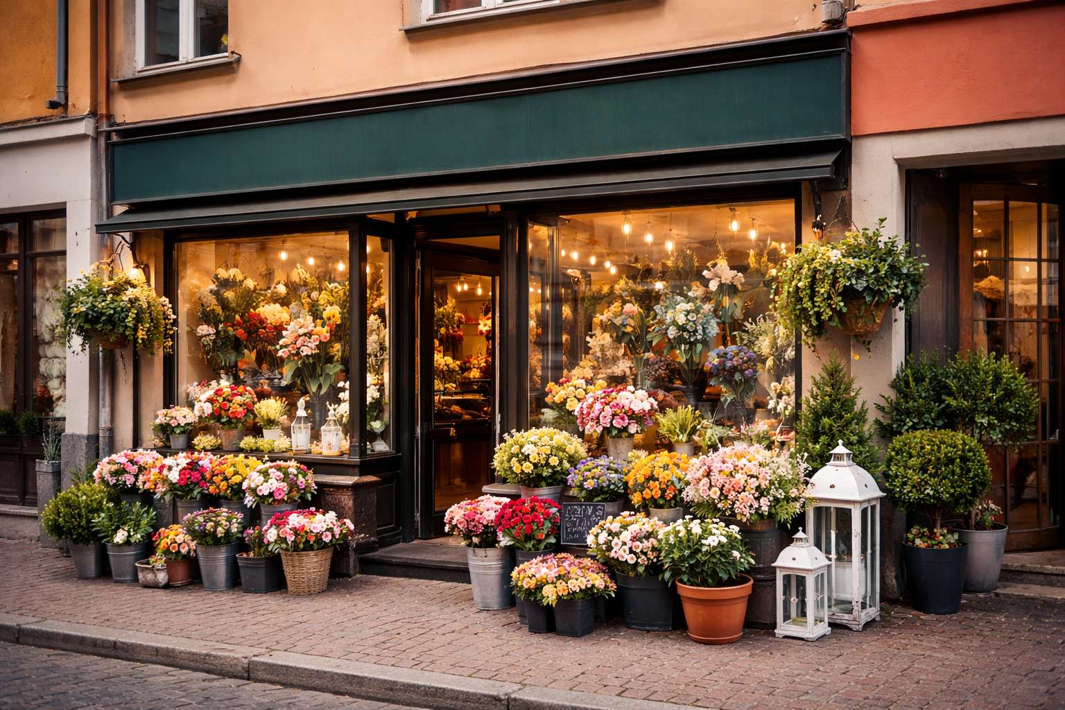 Witryna kwiaciarni z kwiatami przed wejściem