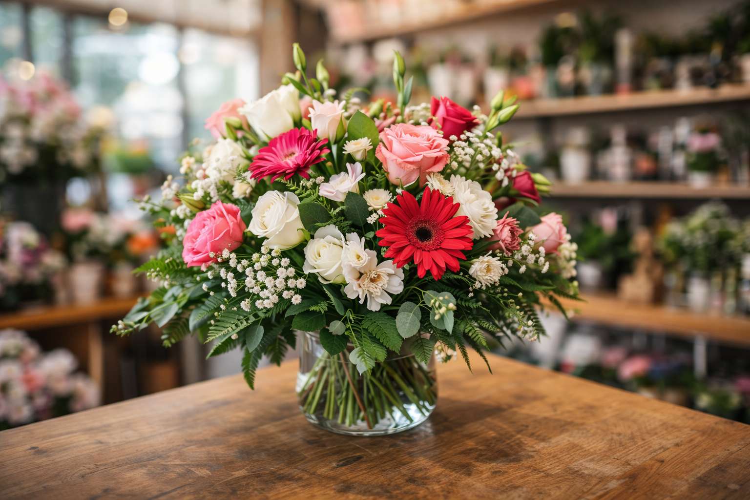 Kolorowy bukiet w wazonie na drewnianym stole